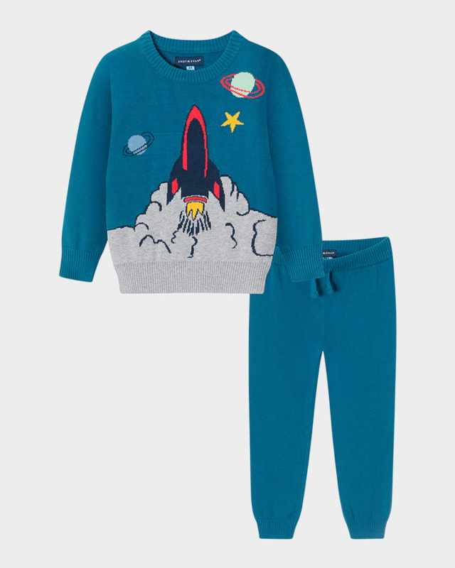 Boy's Space Ship Intarsia Sweater Set, Size 2T-4
